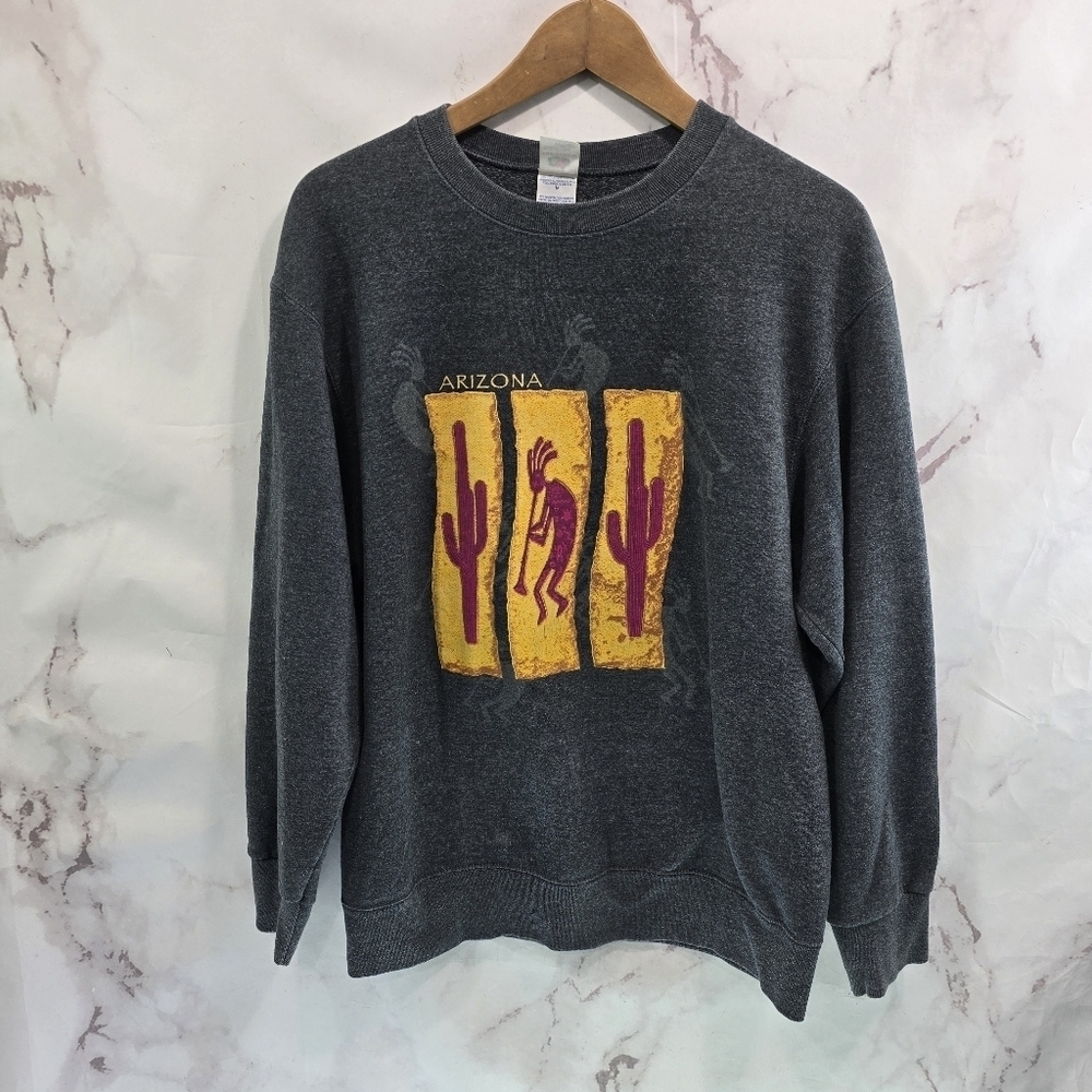 Vintage Sweatshirt Womens Large Gray Arizona Kokopelli Suguaro Cactus 90s